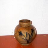 Vase à fleurs en grès * vase vintage en poterie marron avec motif floral bleu peint à la main * milieu du siècle