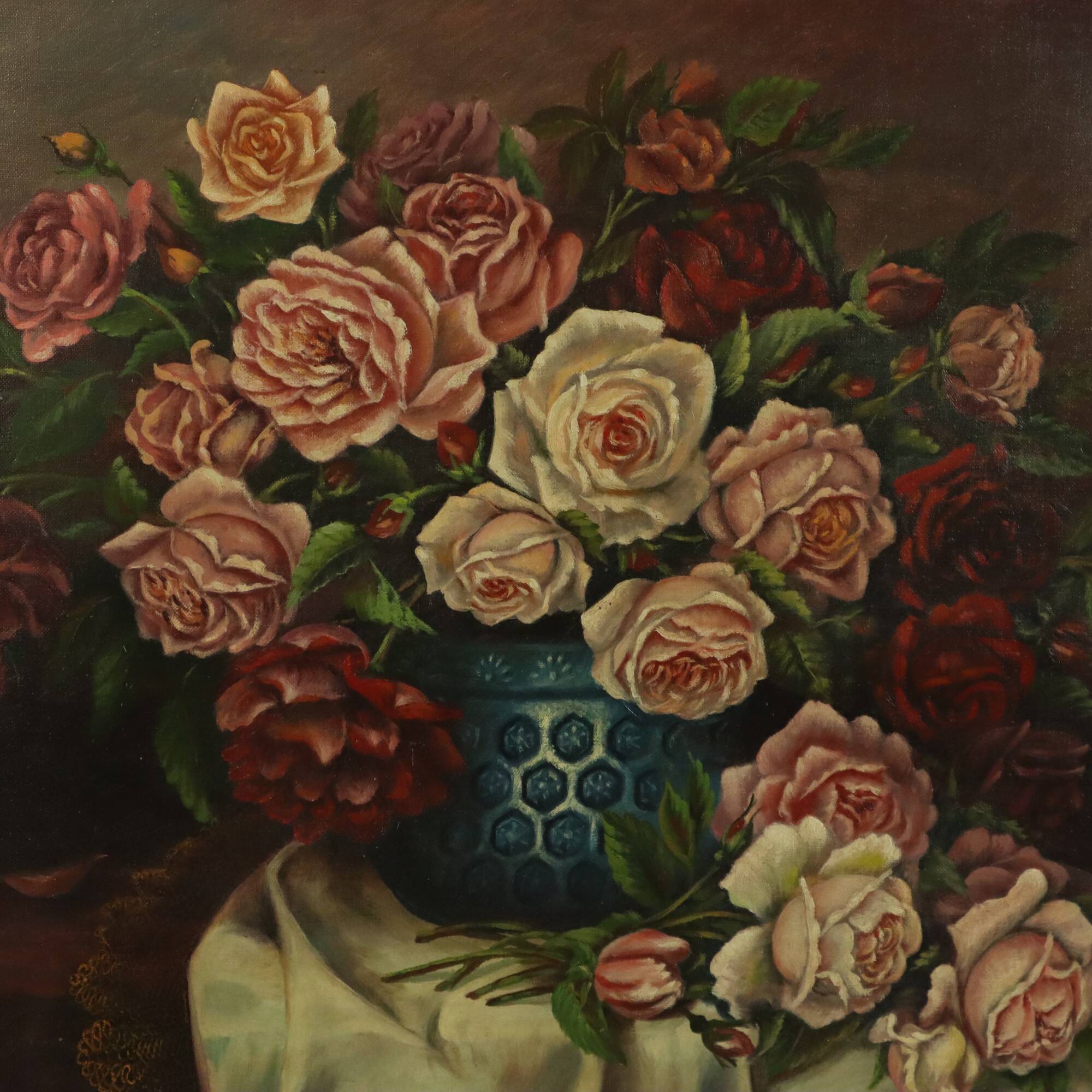 Large Floral Still Life Painting Roses Bouquet Signed R. Blanlin