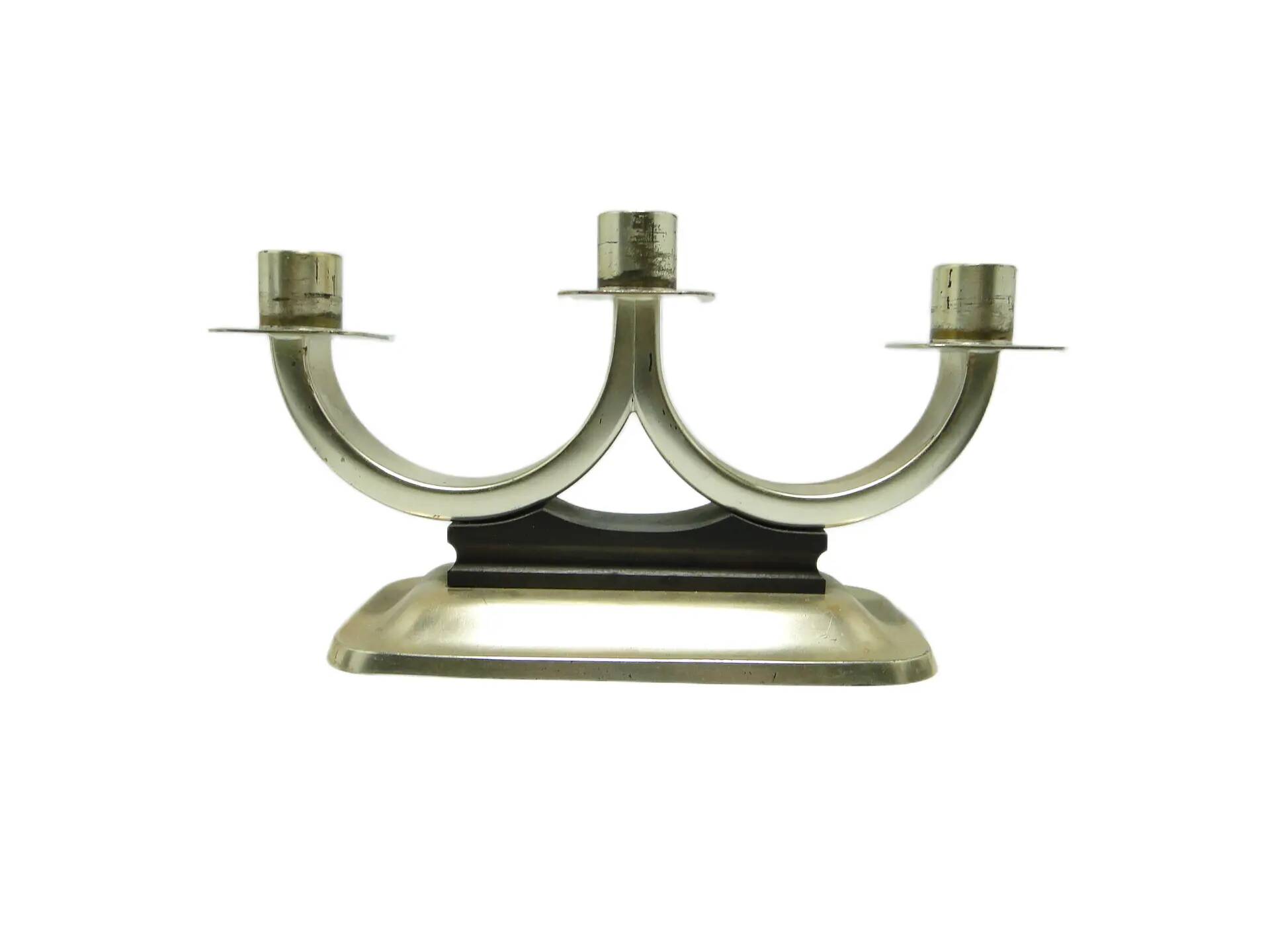 Three-armed candlestick, Art Deco, silver-plated brass, Quist, Germany, 1950s