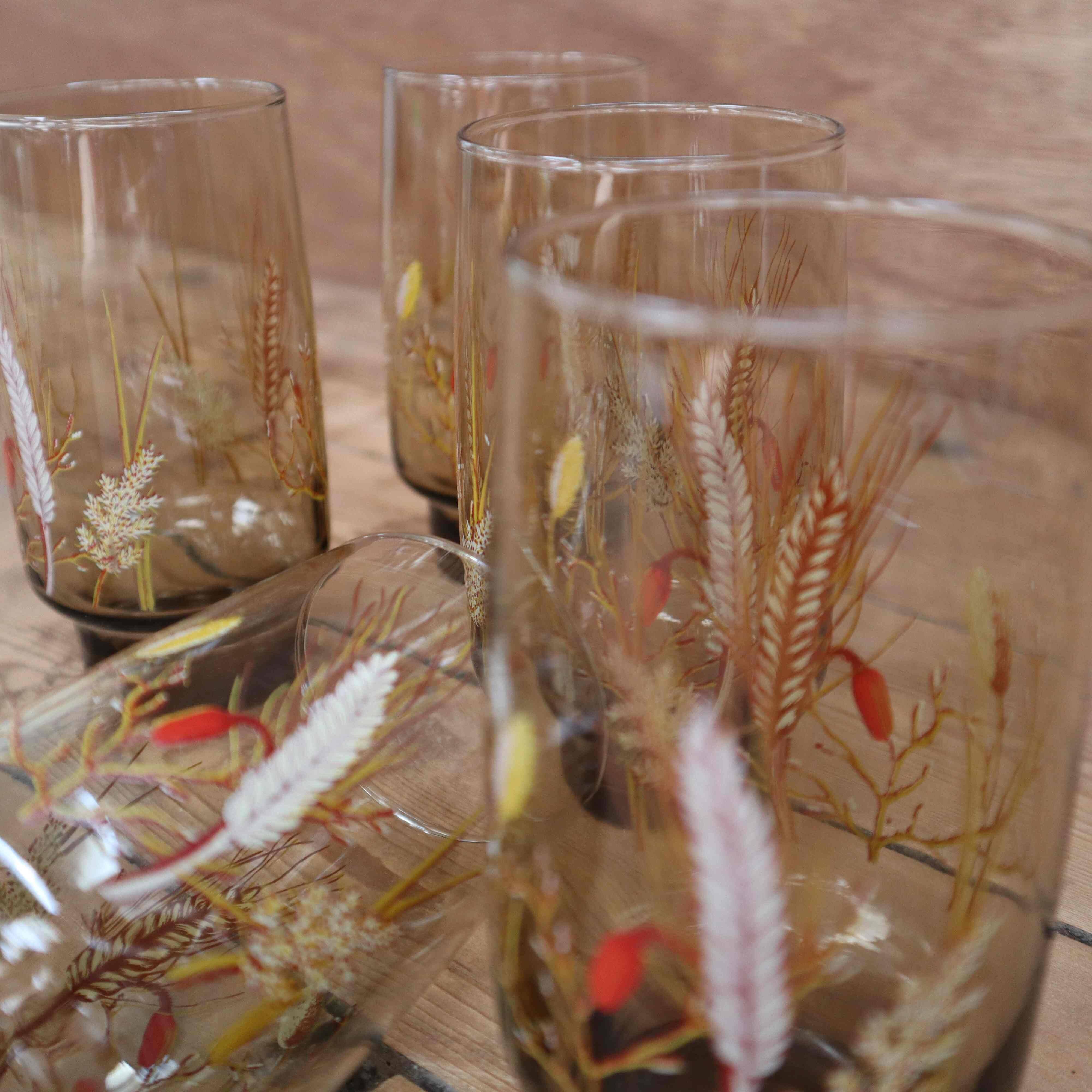 Set of 6 smoked orangeade glasses with wheat ear decoration Arcoroc