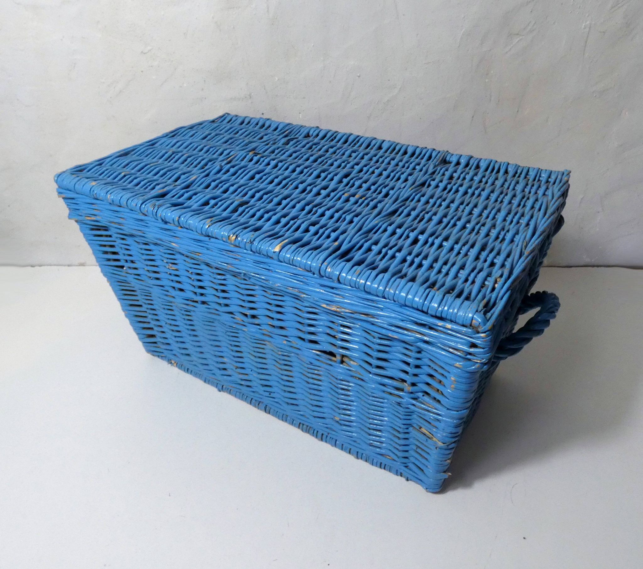 vintage blue rattan trunk chest