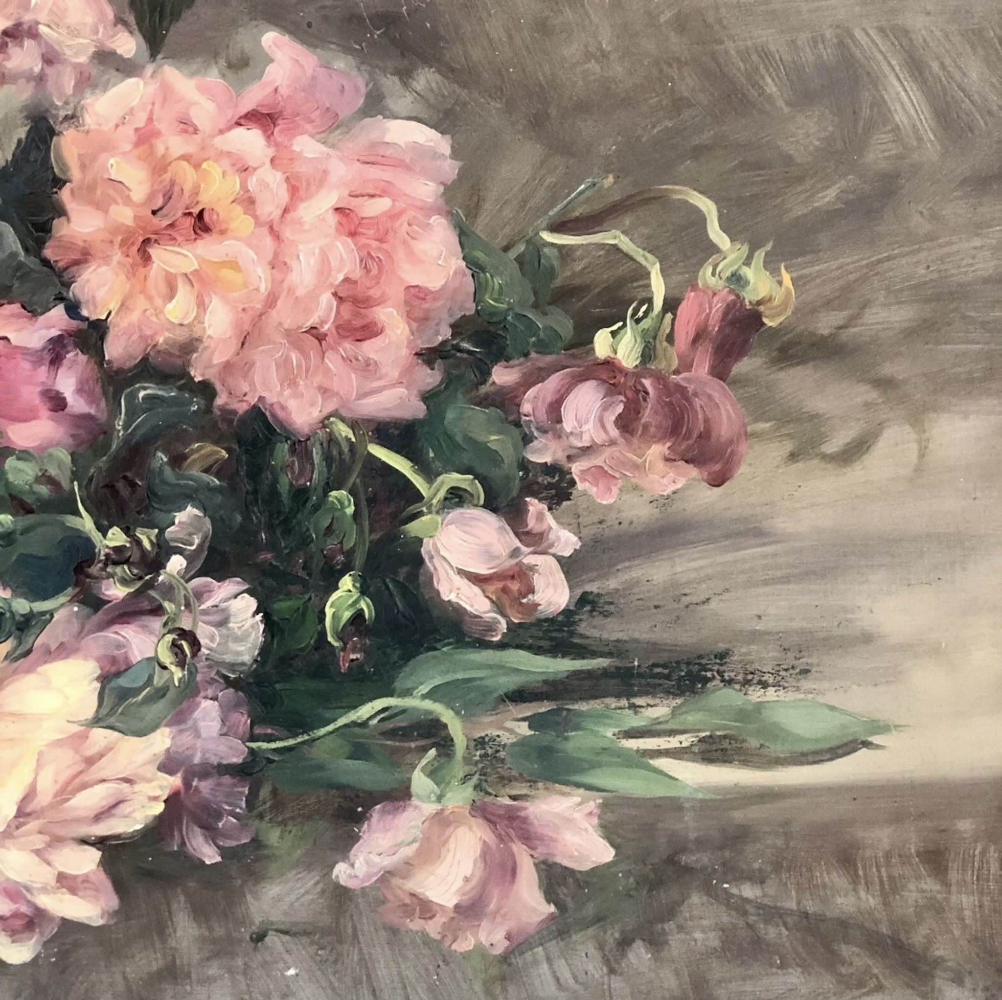 François Félix Roubaud Still life oil on wooden panel bouquet roses peonies XIX