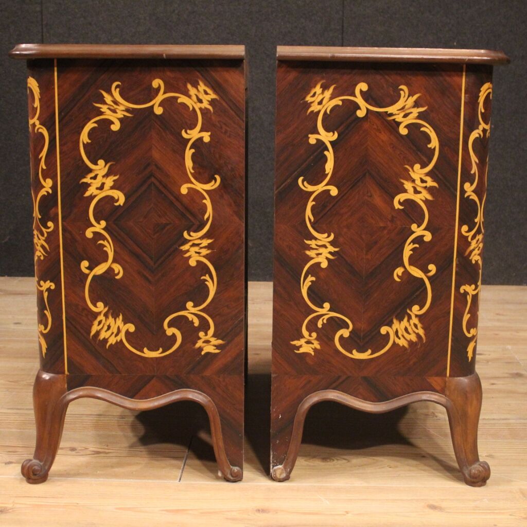 Pair of Italian inlaid bedside tables in walnut, maple and beech