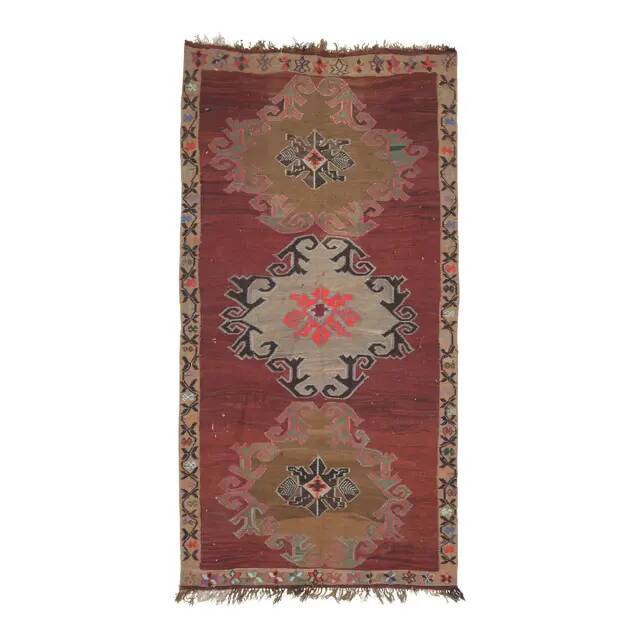 1970s Vintage Turkish Oushak Handmade Wool Cotton Red Area Rug 190x375