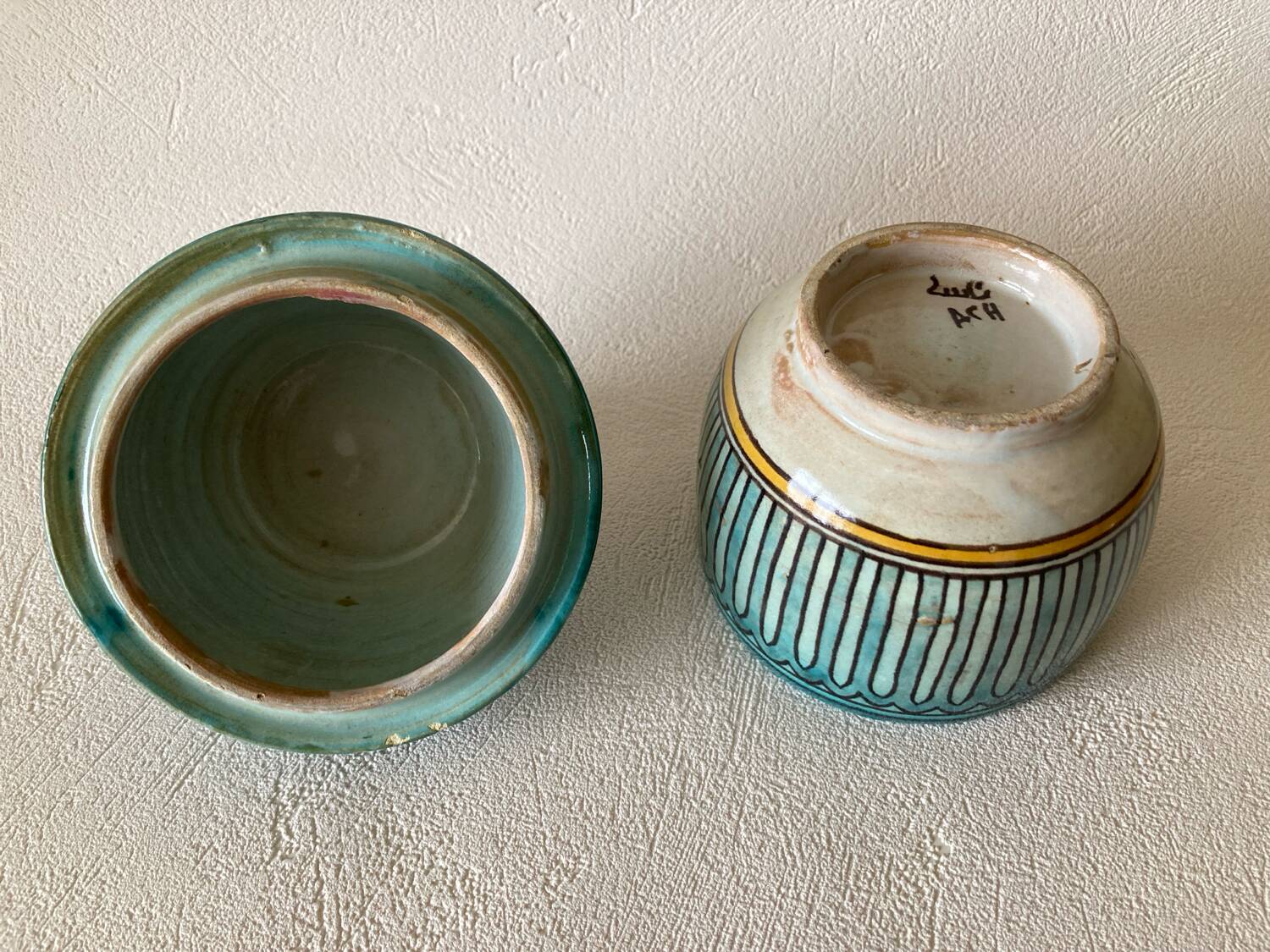 Small butter pot Jobbana Morocco Fez 19th century with centipede and geometric decorations