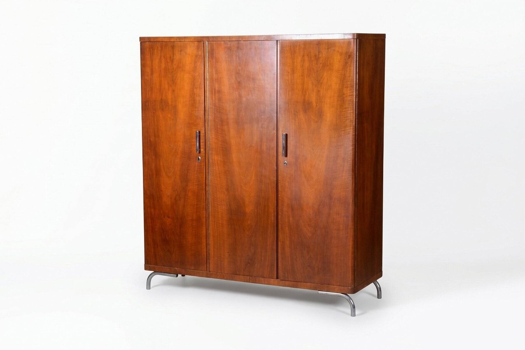 Bauhaus Wardrobe in Chromed Steel and Walnut by Slezak, Czech, 1930s