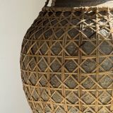 Immense light grey antique-style pot with a crosshatch lid and handles.