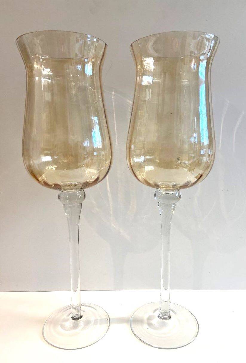 Duo of Tealight Holders Vases Candle Holders on Stand Blown Crystal Glass Amber