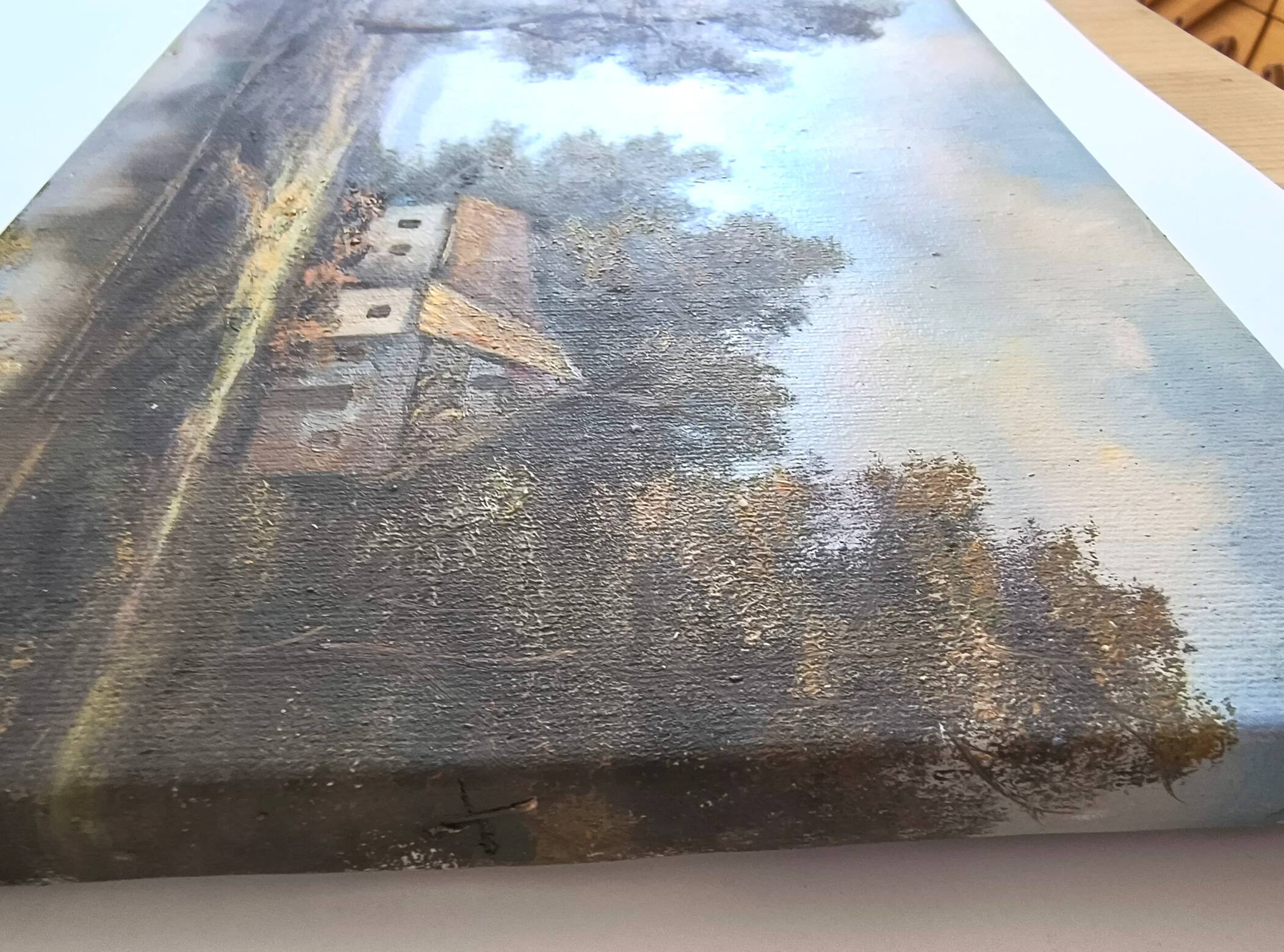 Antique painting signed "Percy" - House by the pond - oil on canvas