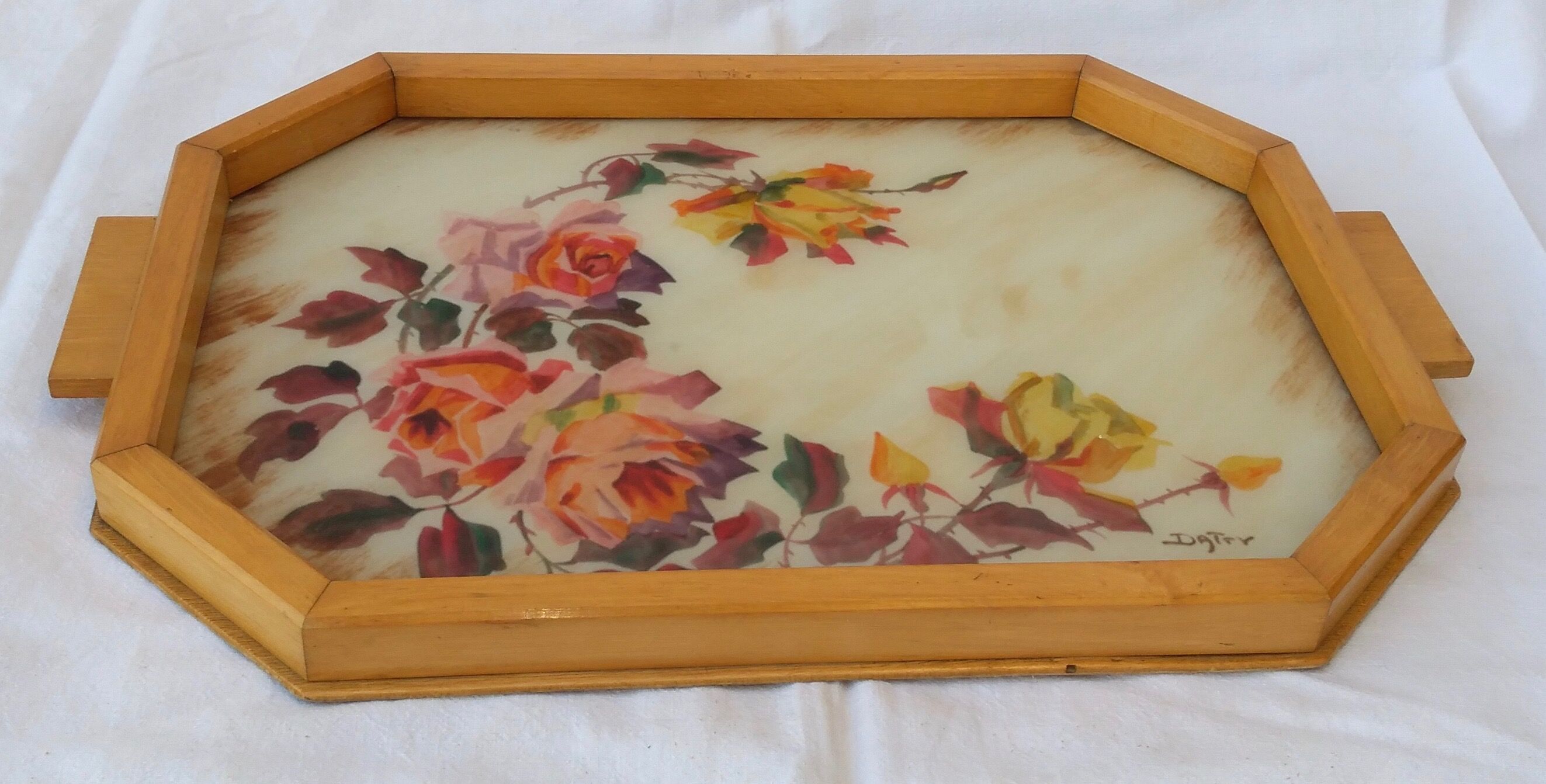Large wooden tray and handmade glass paste decoration