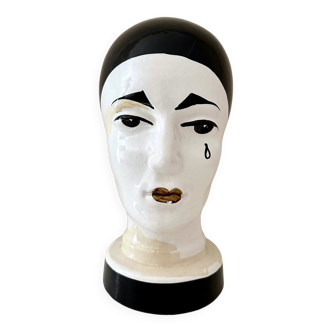 Tête en céramique vintage Pierrot, support casque, porte-chapeau, Scheurich Keramik 701