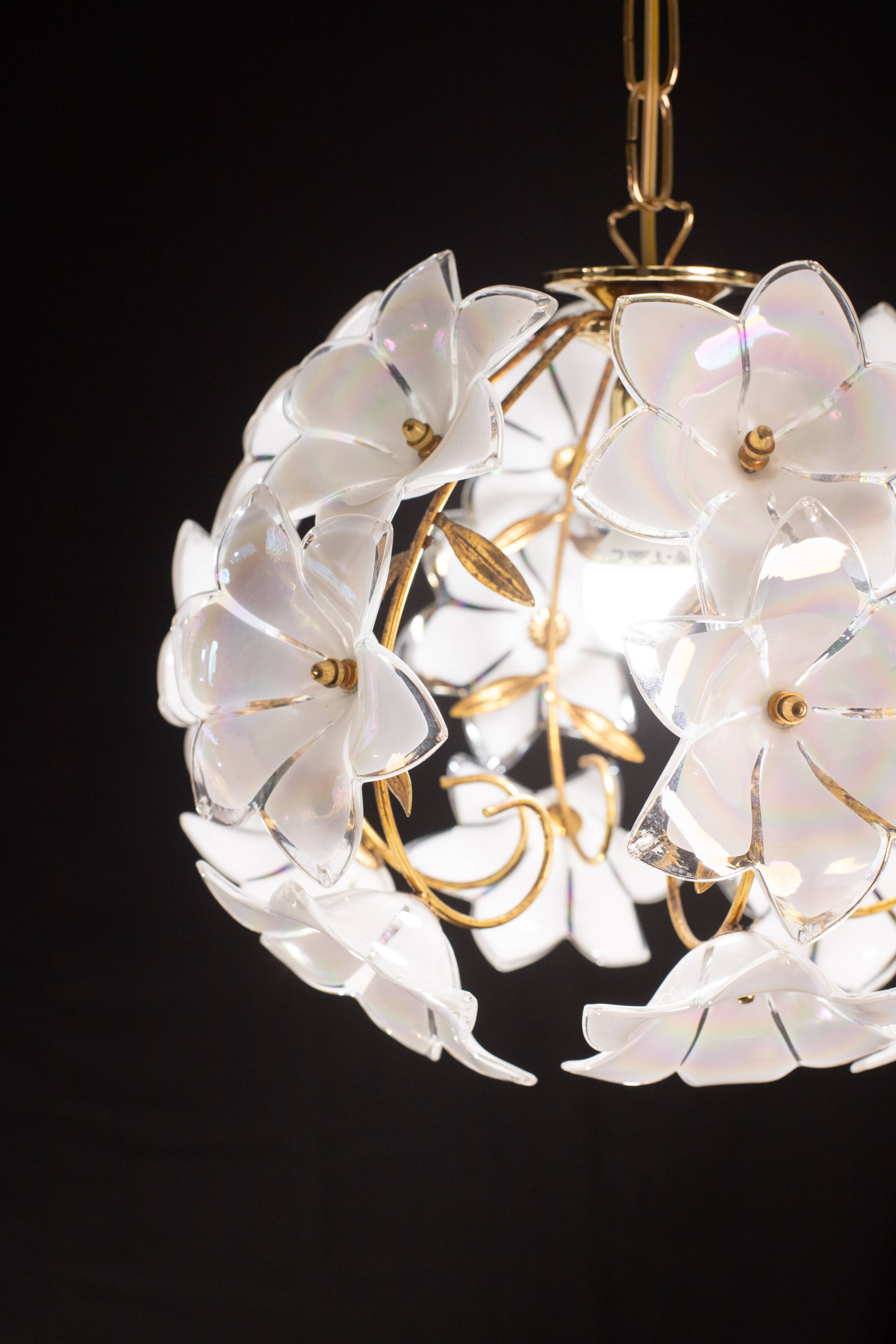 Set of 2 Murano Spherical Chandelier Full of White Flowers, 1980s