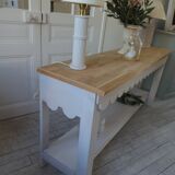Console with pearl gray patinated base, oak top.