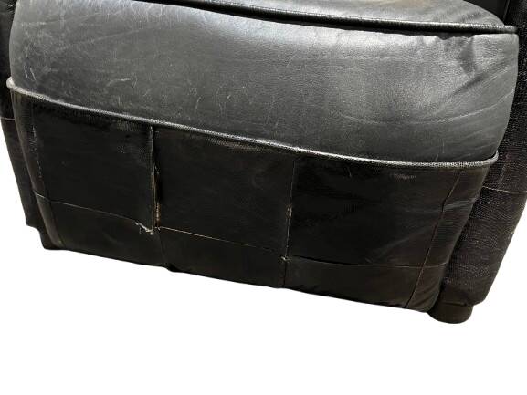 Pair of leather armchairs with marquetry armrests