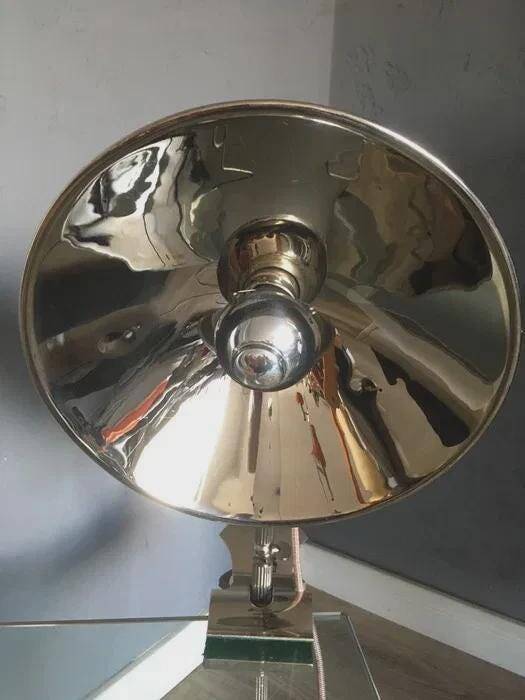 Glory industrial clamp lamp, chrome reflector shade, Germany, 1950s