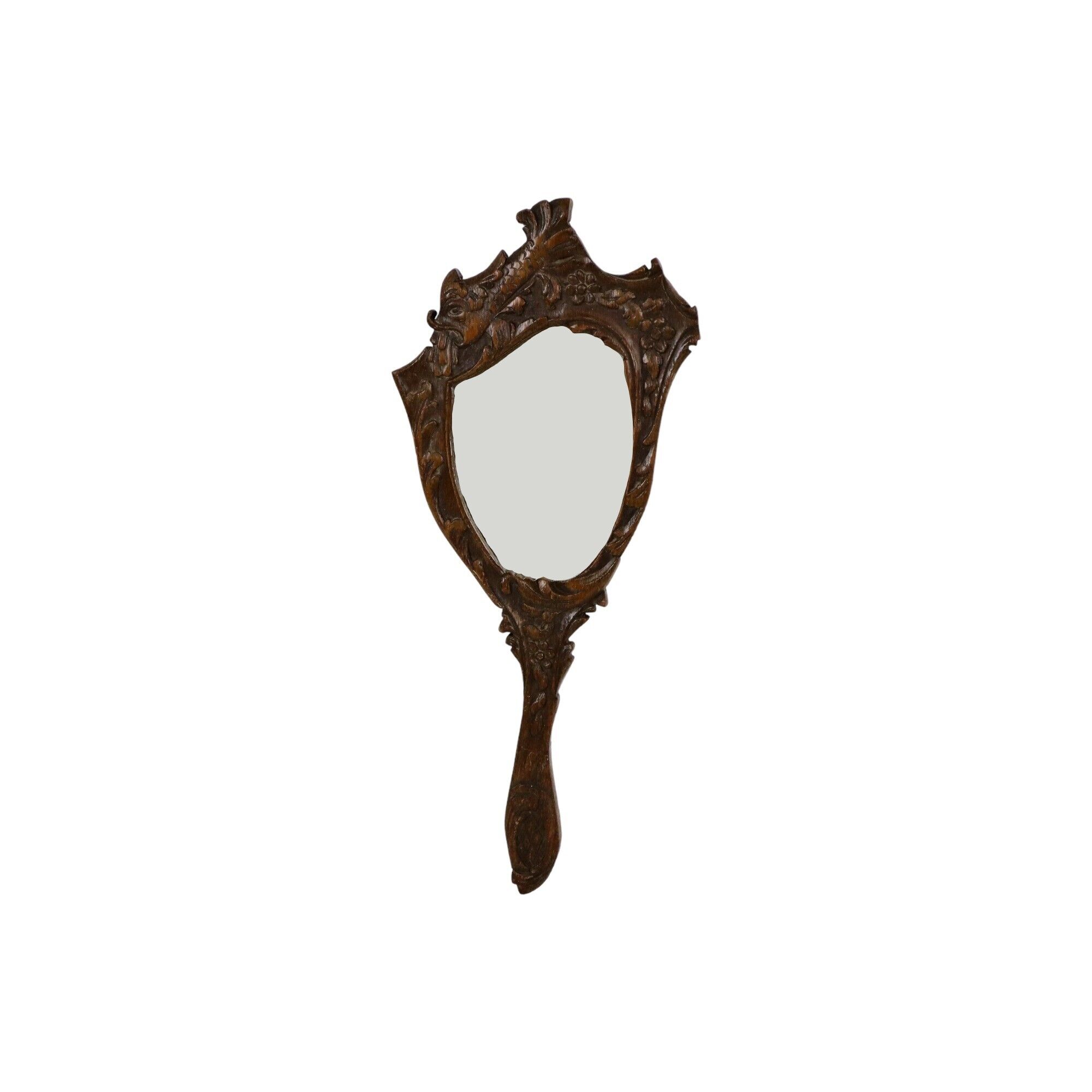 Old wooden hand mirror solid oak baroque flowers fish 39cm