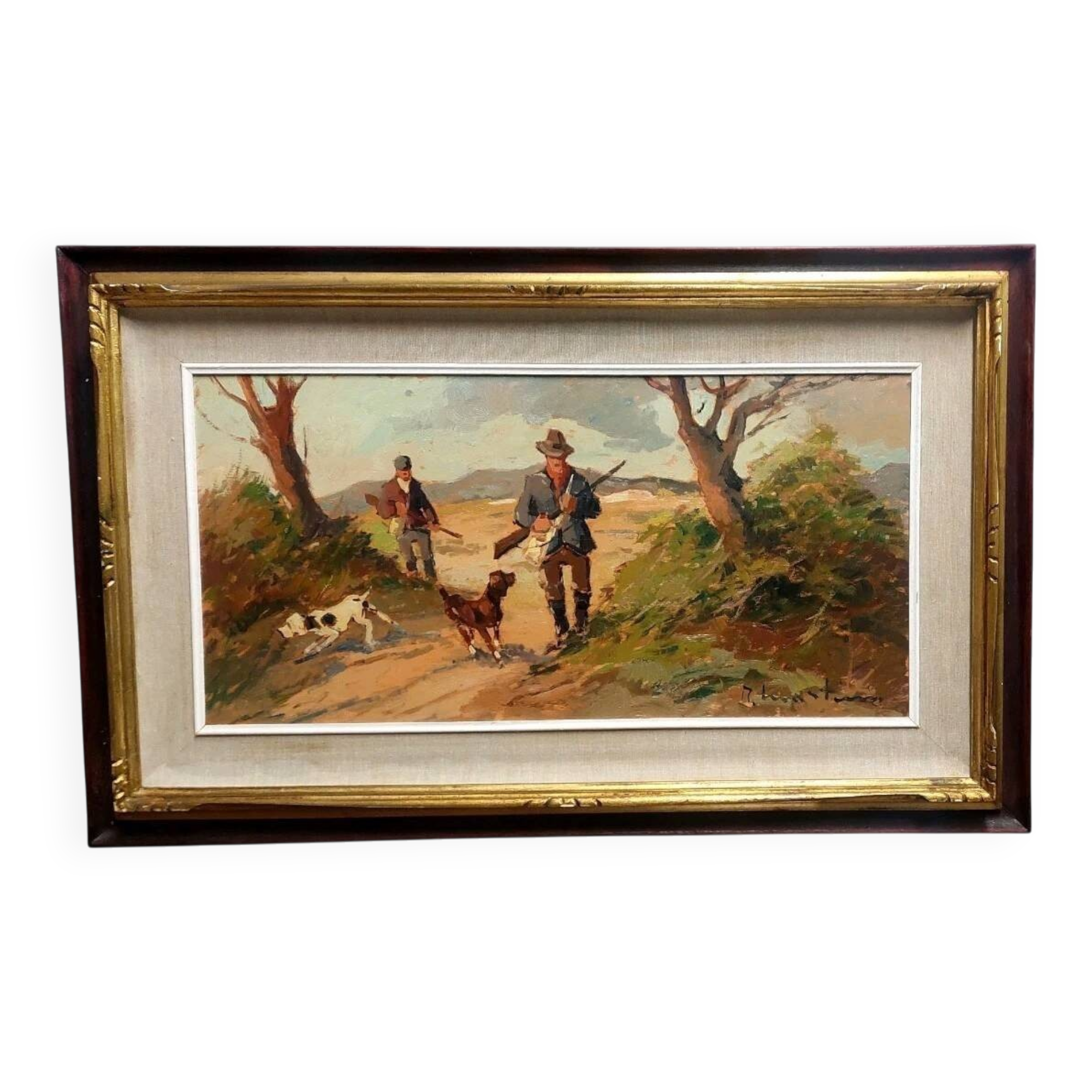 Renzo Martini - Hunters - Oil painting on plywood 60x30 cm