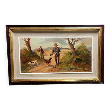 Renzo Martini - Hunters - Oil painting on plywood 60x30 cm