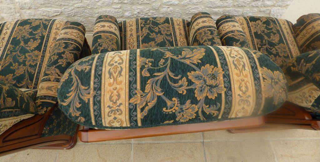Three French-made cherry wood armchairs covered in velvet