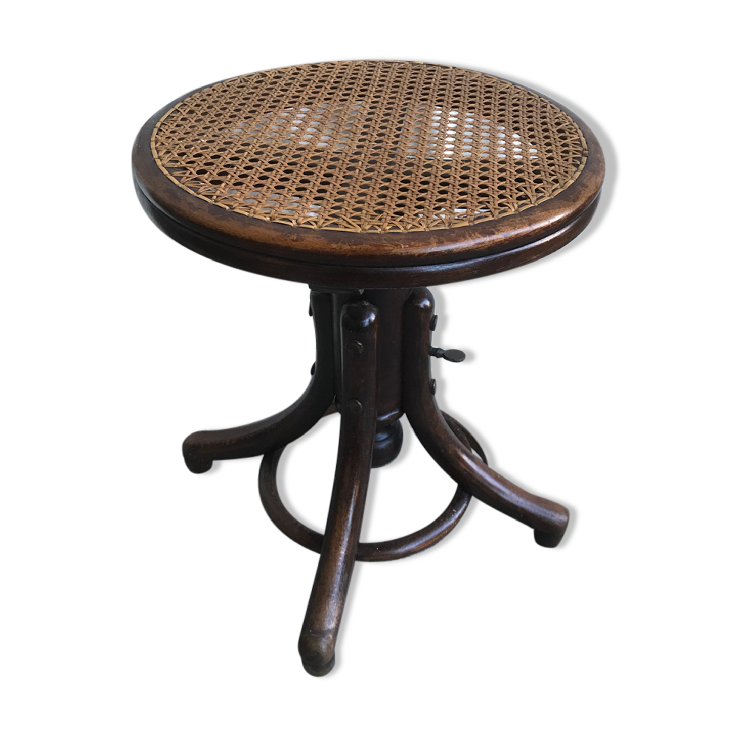 Former tabouret piano thonet by fishel wood curve assise cannée a vintage vis
