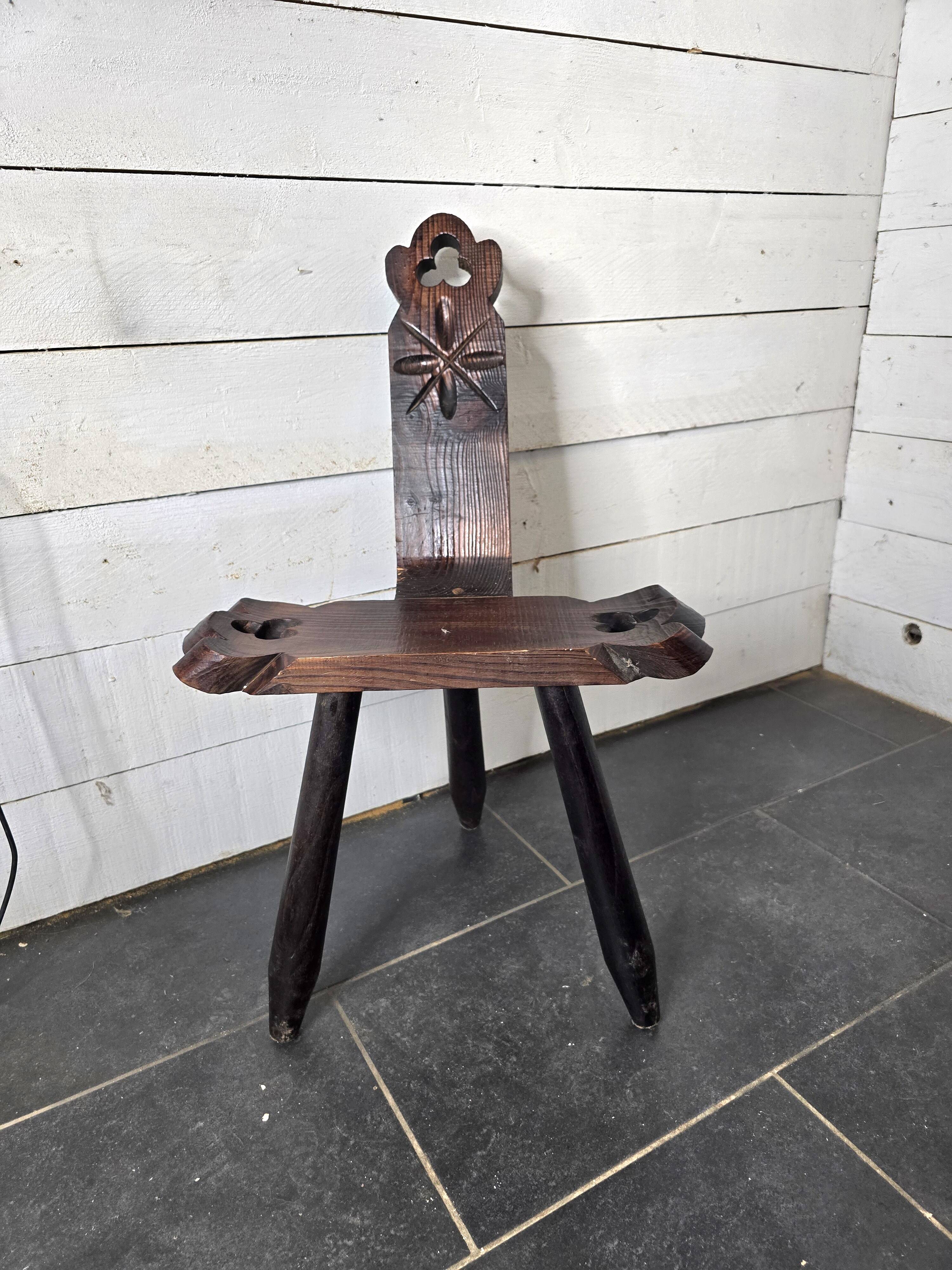Vintage Spanish tripod chair in carved wood