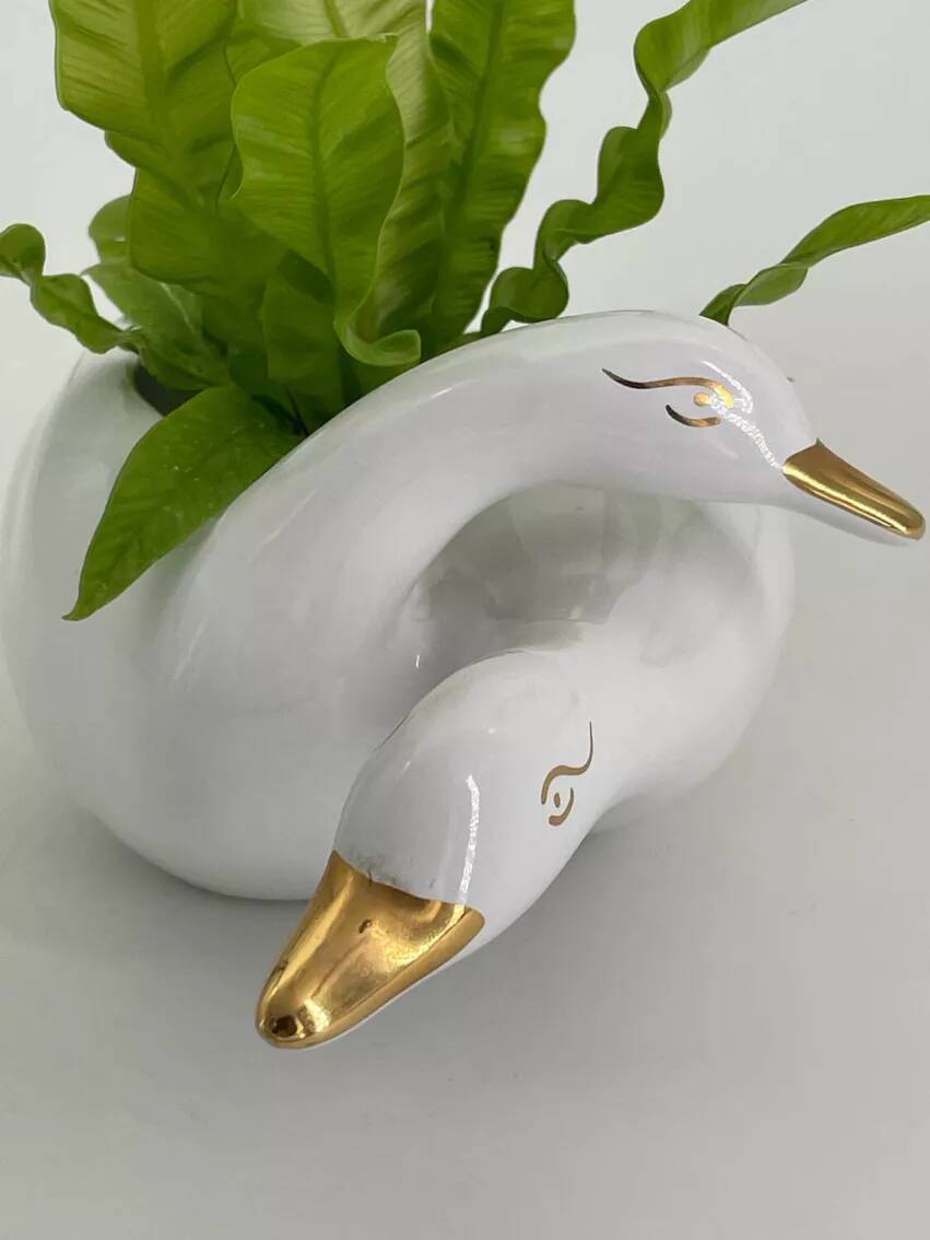 Vintage white and gold porcelain two swan planter