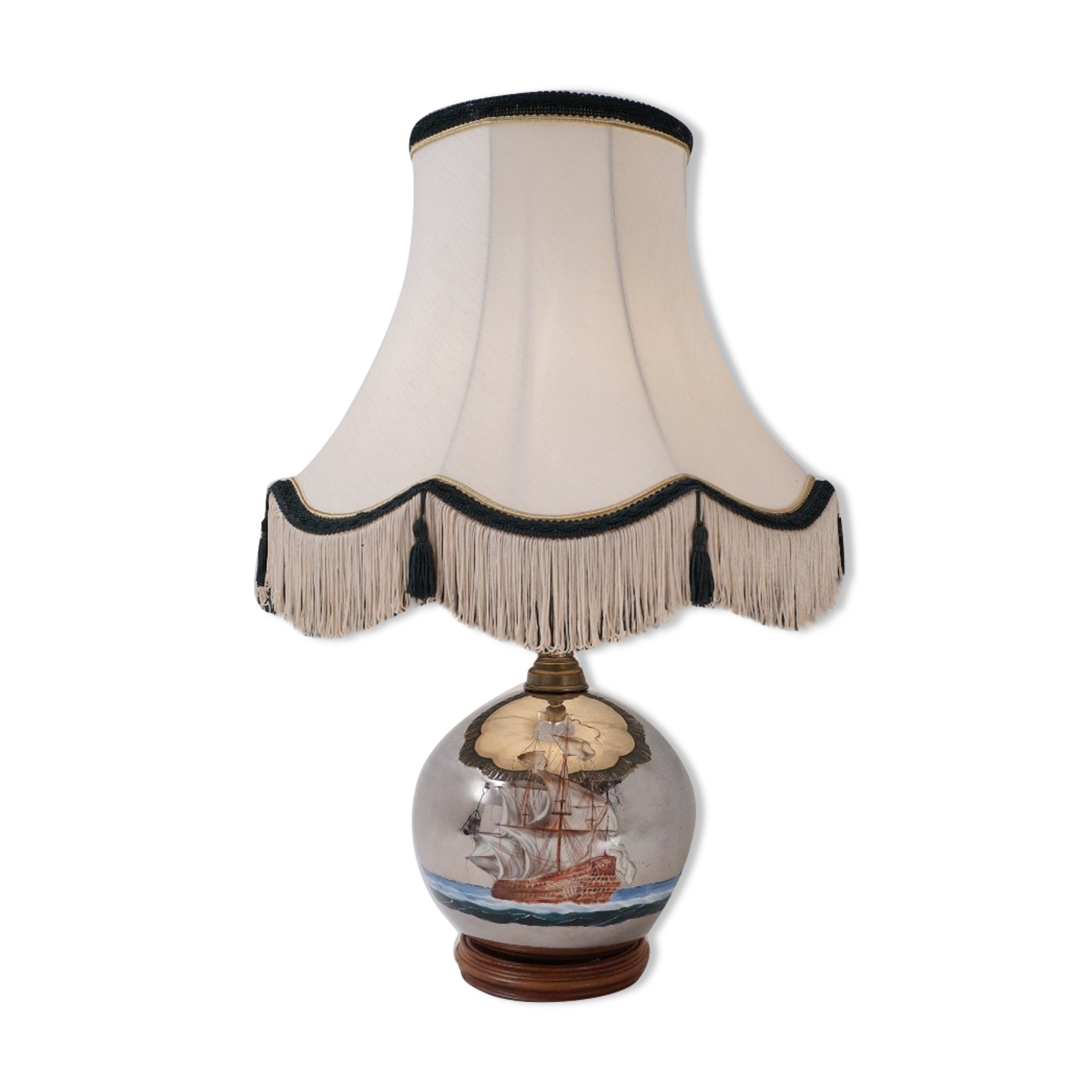 Lampe de table antique en verre mercure, galion et navire, soufflé à la main, années 1920, anglais, recâblé