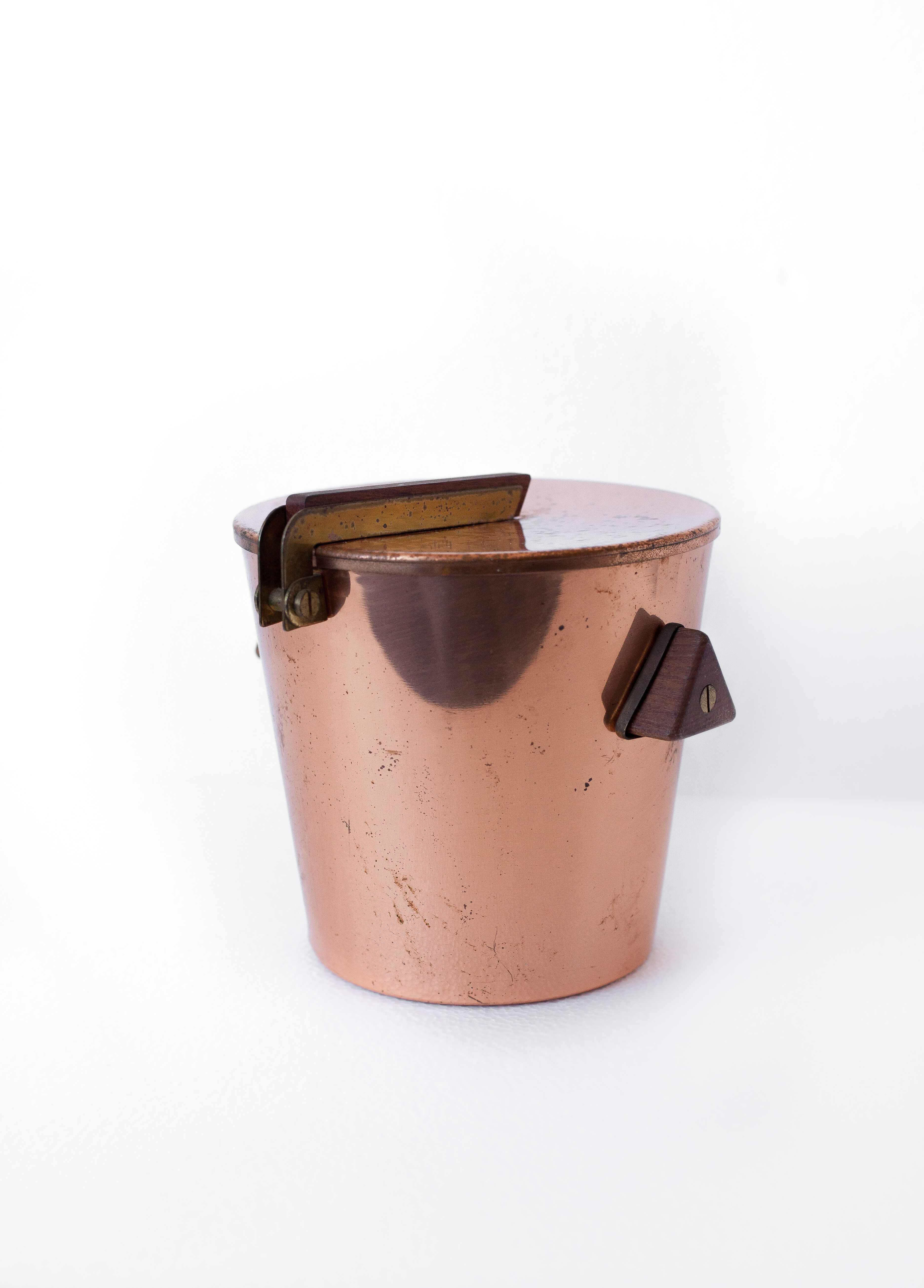vintage ice bucket, copper ice bucket, wood handles, cooler, cooler