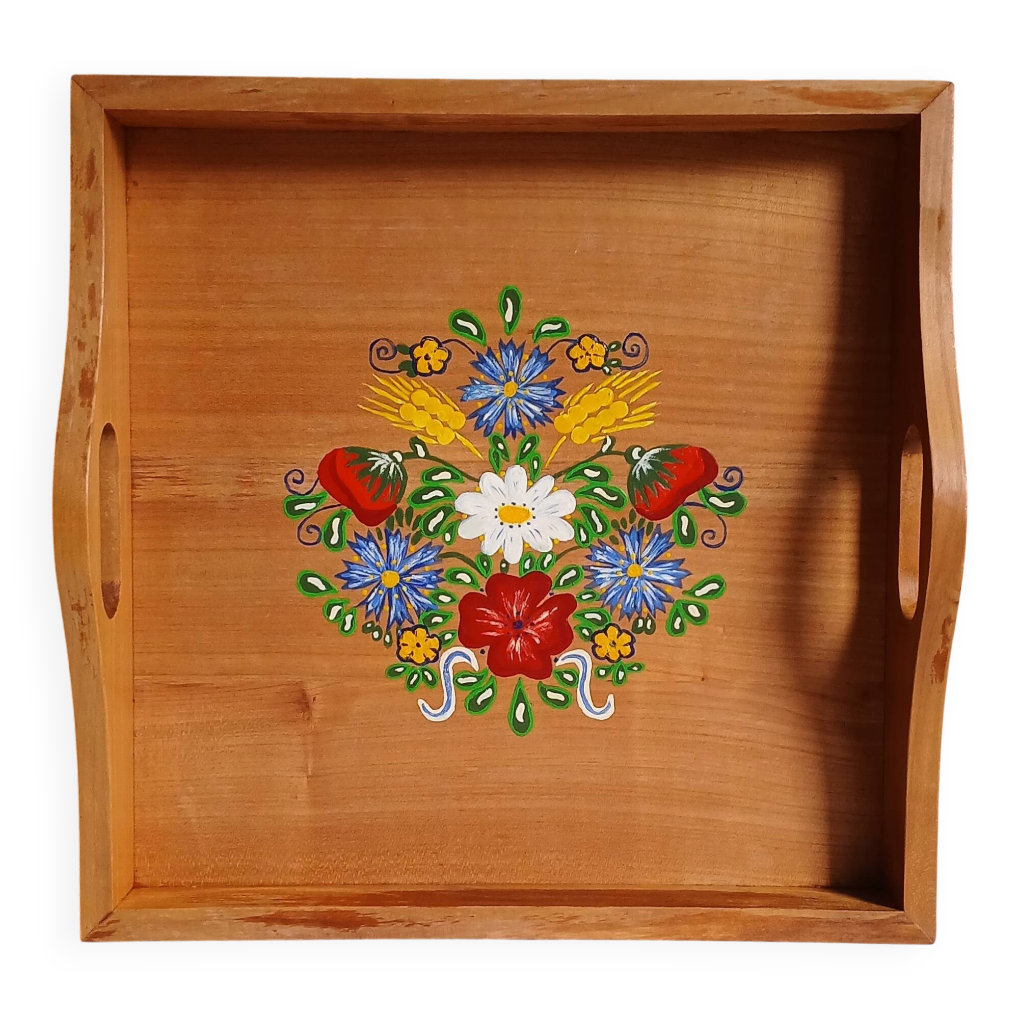 Hand-painted solid wood serving tray, folk art