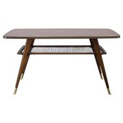 Mid-century German coffee table with rattan shelf and brass legs