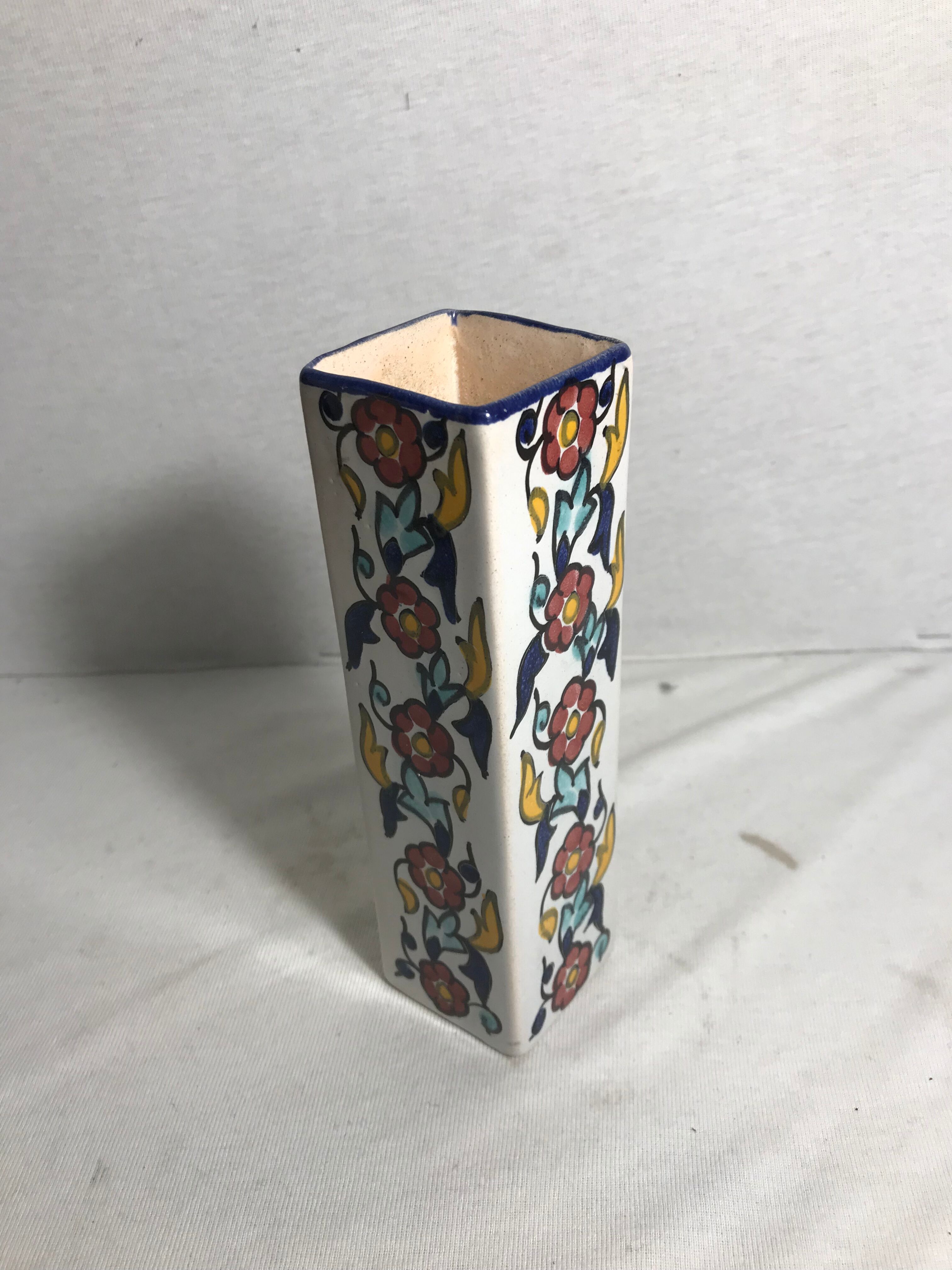 Square old glazed ceramic vase design flowers vintage