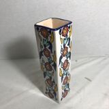 Vase carré ancien céramique émaillée dessin fleurs vintage