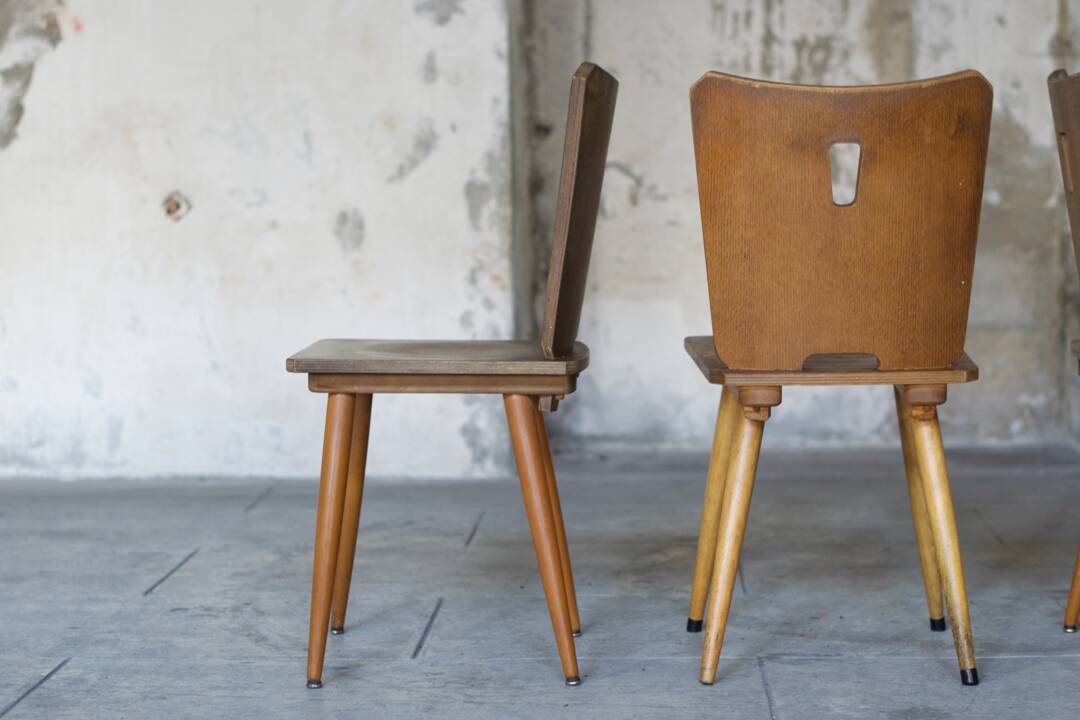 Series of four vintage brutalist wooden chairs 1960