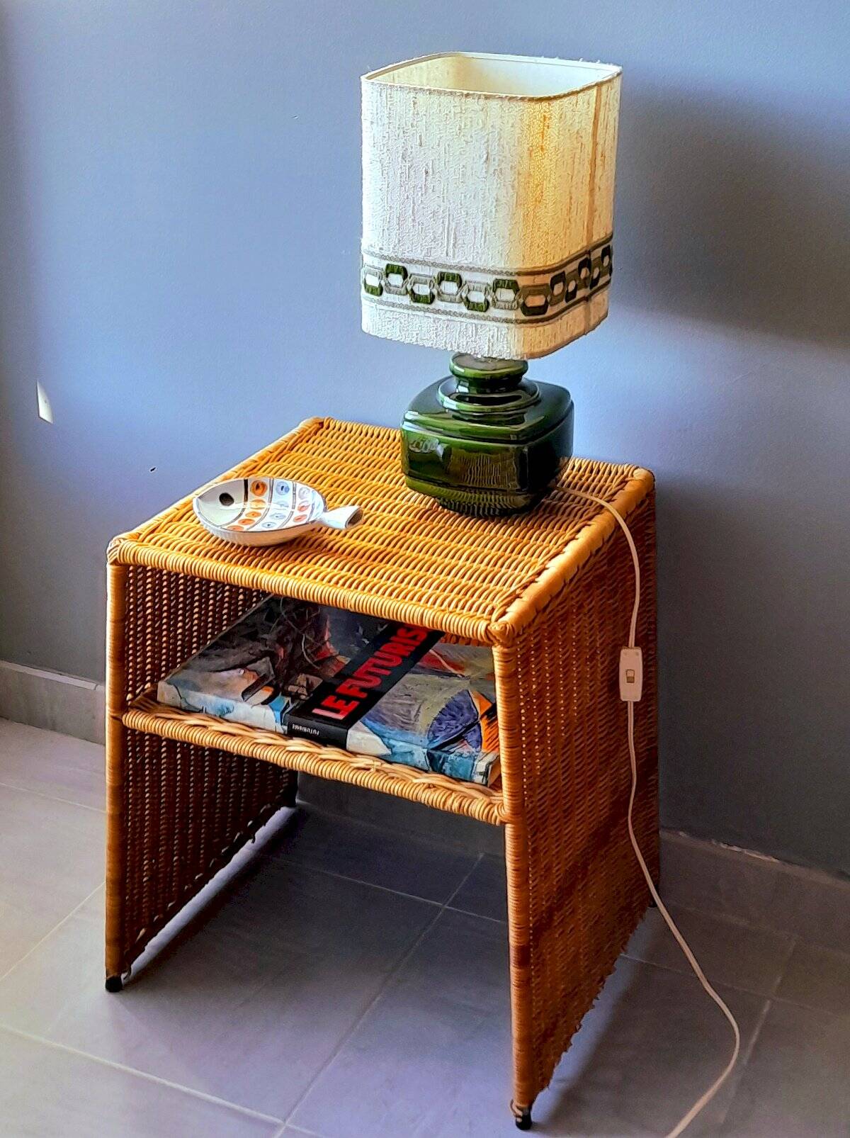 Wicker bedside table or side table from the 1960s.