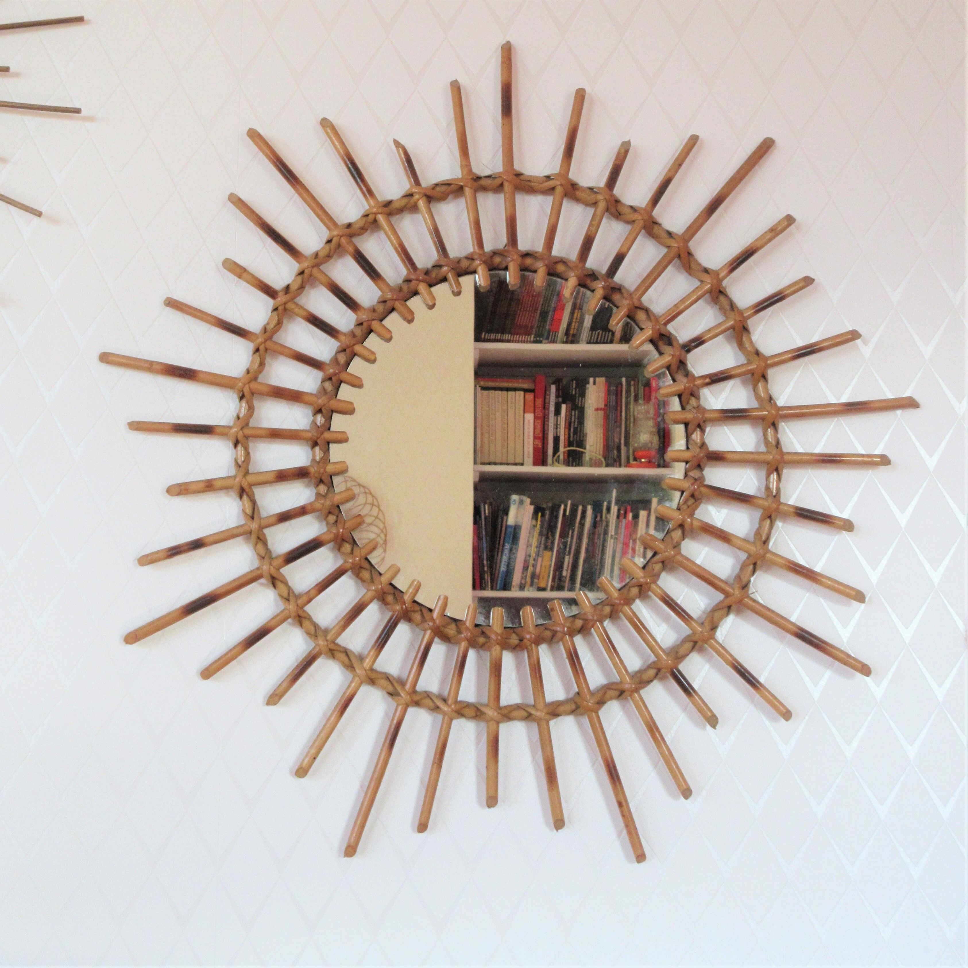 Vintage bamboo and rattan sun mirror 56cm