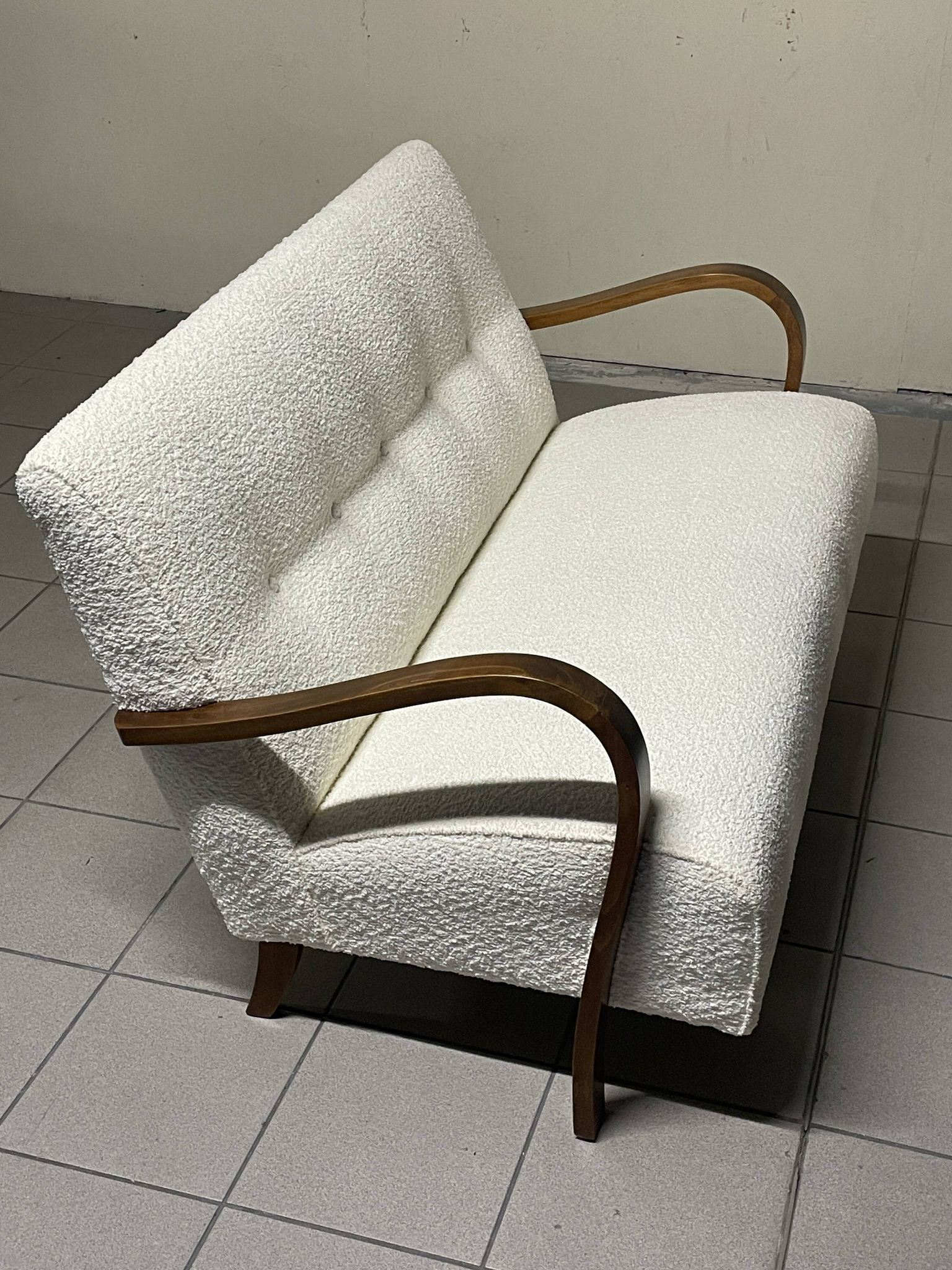 1940s Sofa in Wood and Boucle Fabric, Italian Production