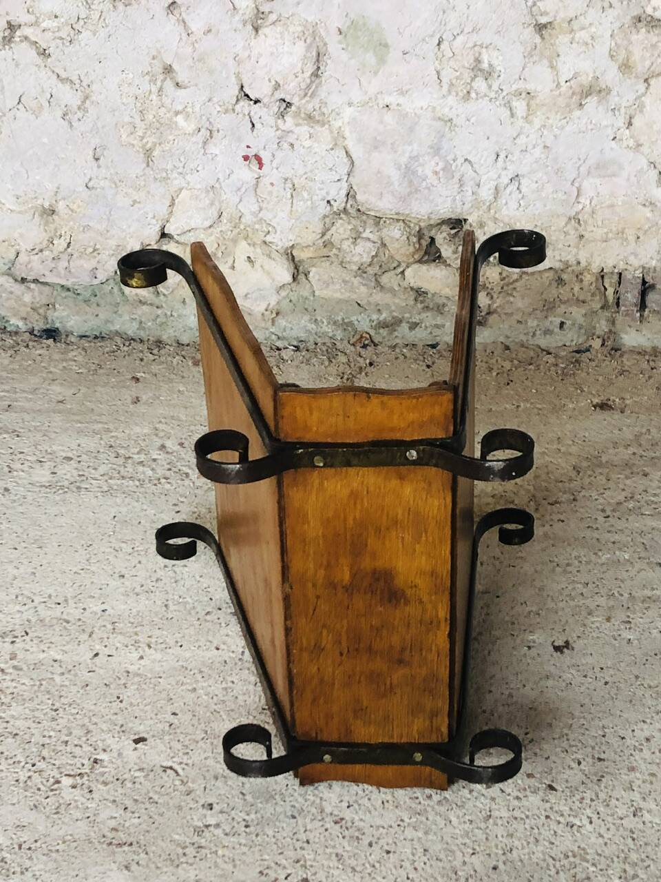 Vintage wooden and wrought iron magazine rack circa 1950s