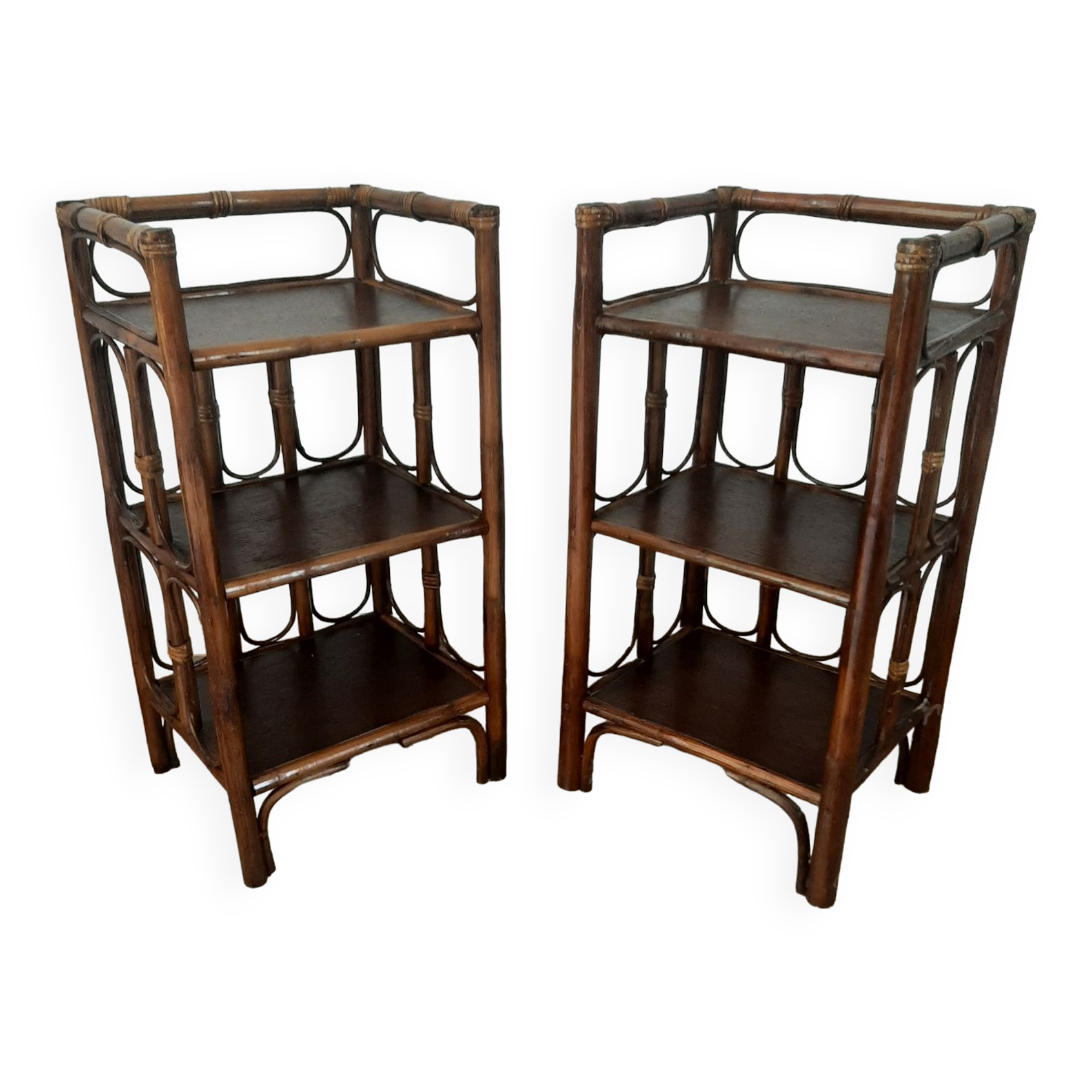 Vintage - set of 2 shelves of wooden floor, bamboo and rattan - 3 levels- retro 80s