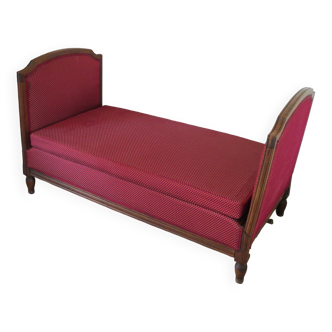 Rare Banquette Lit Hirondelle ancienne–Méridienne-Louis phillipe-Motif pois fleurs de lys rouge