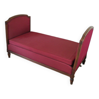 Rare Old Hirondelle Bed Bench – Daybed – Louis Philippe – Red Lily Flower Polka Dot Pattern