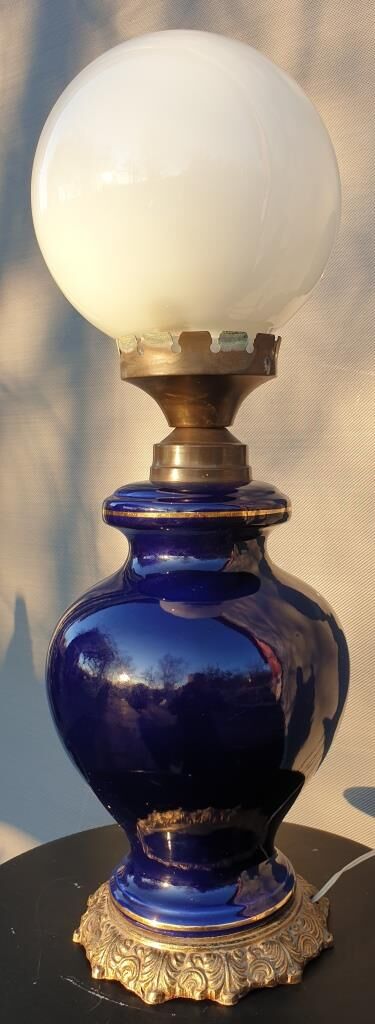 Ceramic lamp birds lyres on midnight blue background Napoleon III