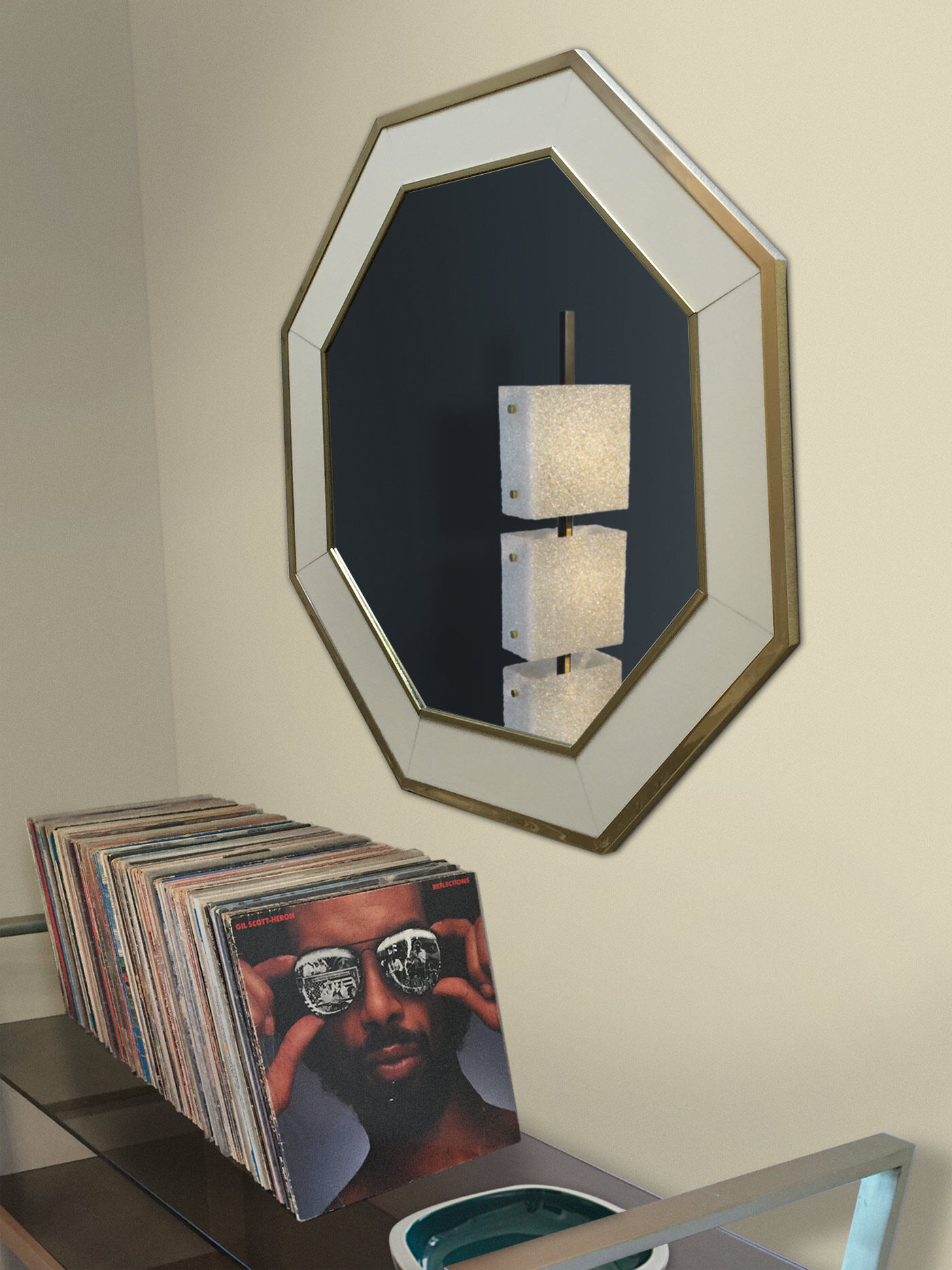 Romeo White lacquered mirror and brass by J.C Mahey. 1970 72cm