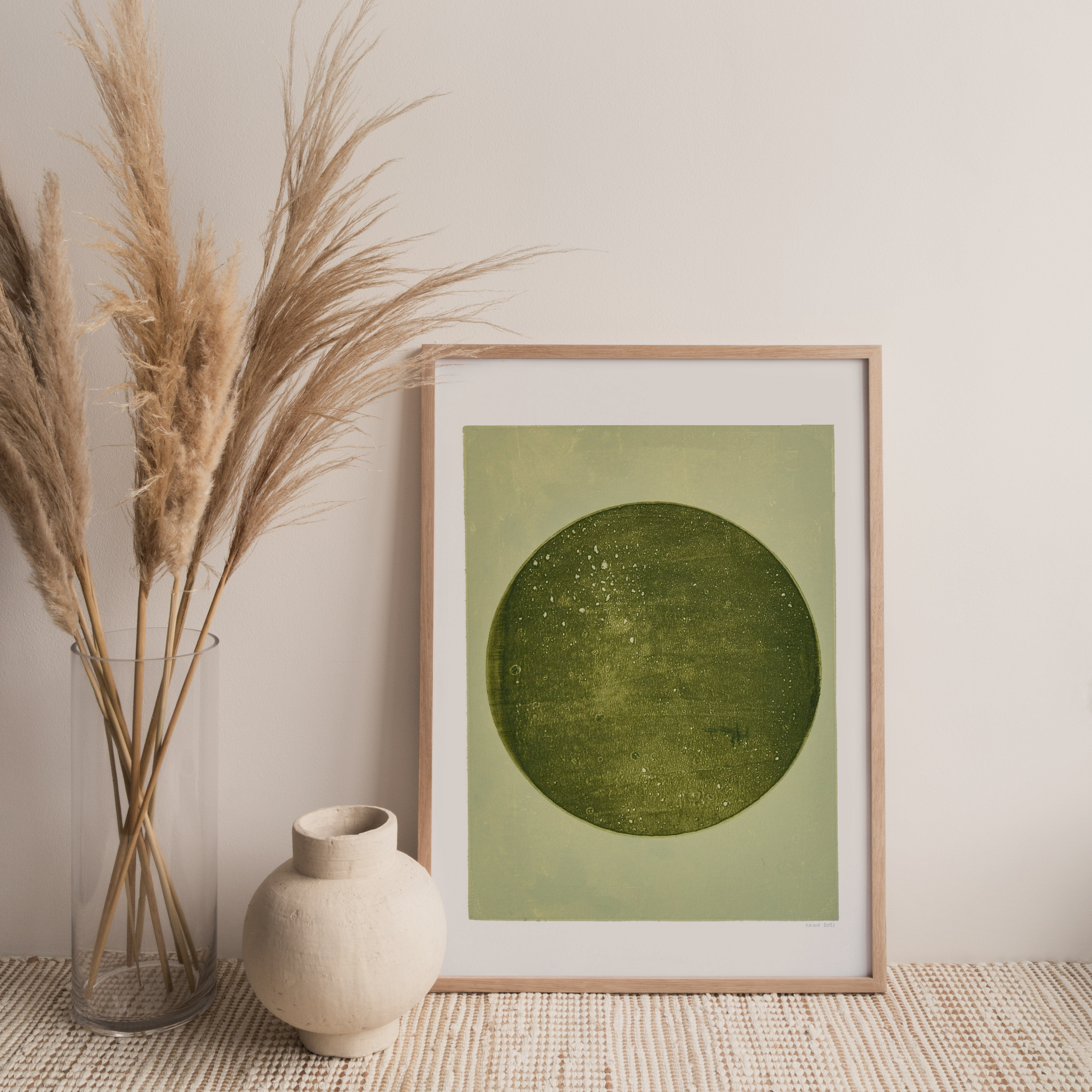 Peinture sur papier 40x50cm illustration Lune Verte signée Eawy