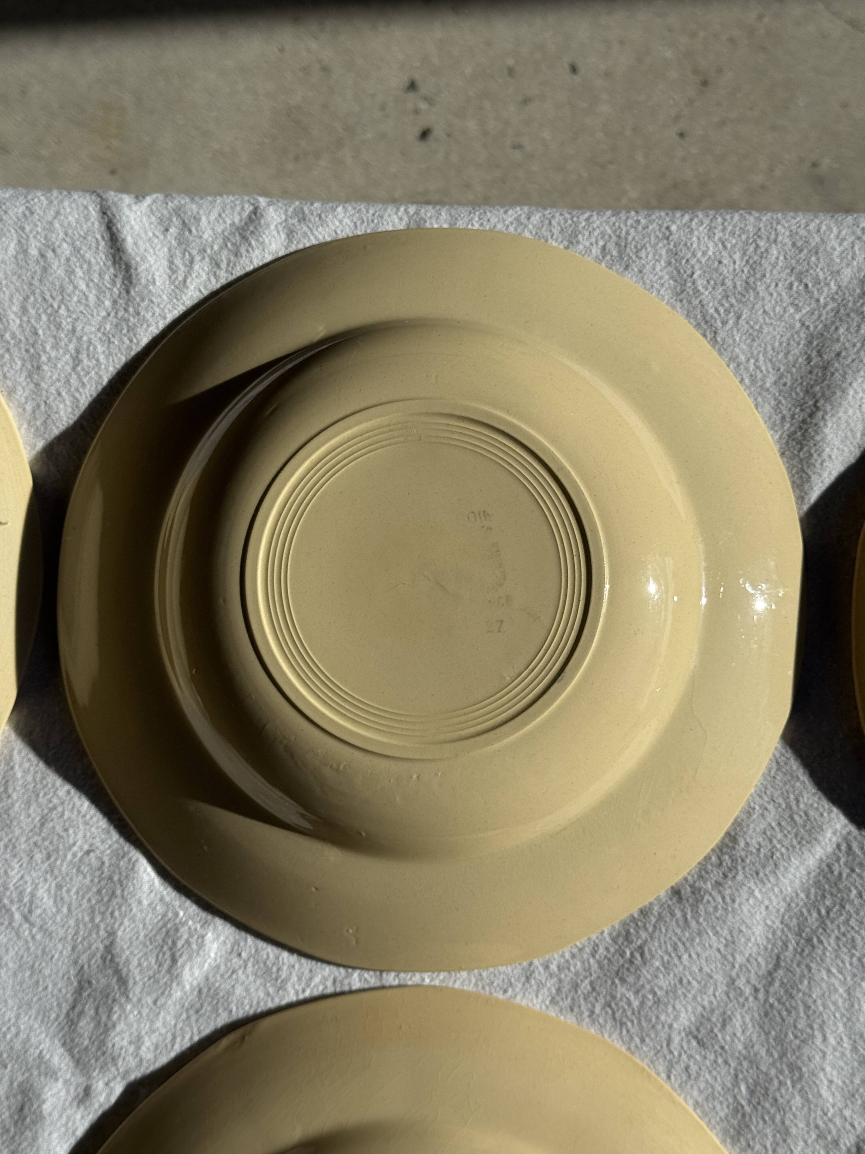 Set of 12 beige, pink, and blue deep plates from Digoin Sarreguemines, vintage.