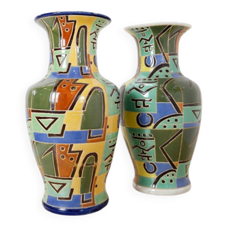 Mid-Century "Pair" of large polychrome enameled ceramic vases