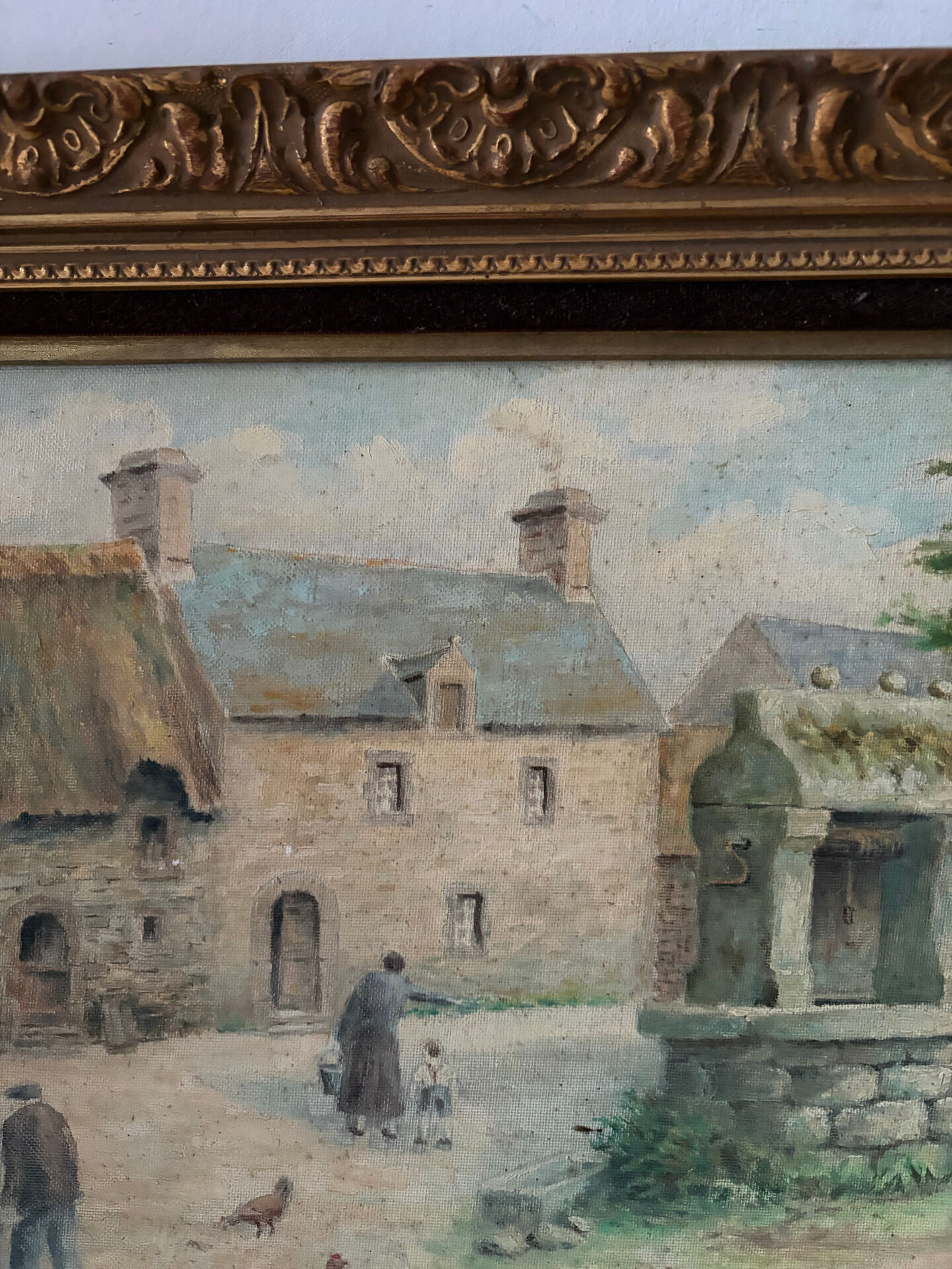 Oil on canvas "Village courtyard with chickens", signed.