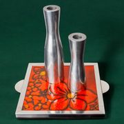 Space age floral red ceramic trivet, Spain, 1970s