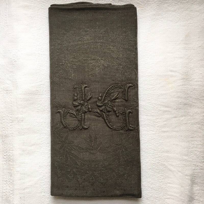 Old embroidered table napkin J G Dark Khaki Green