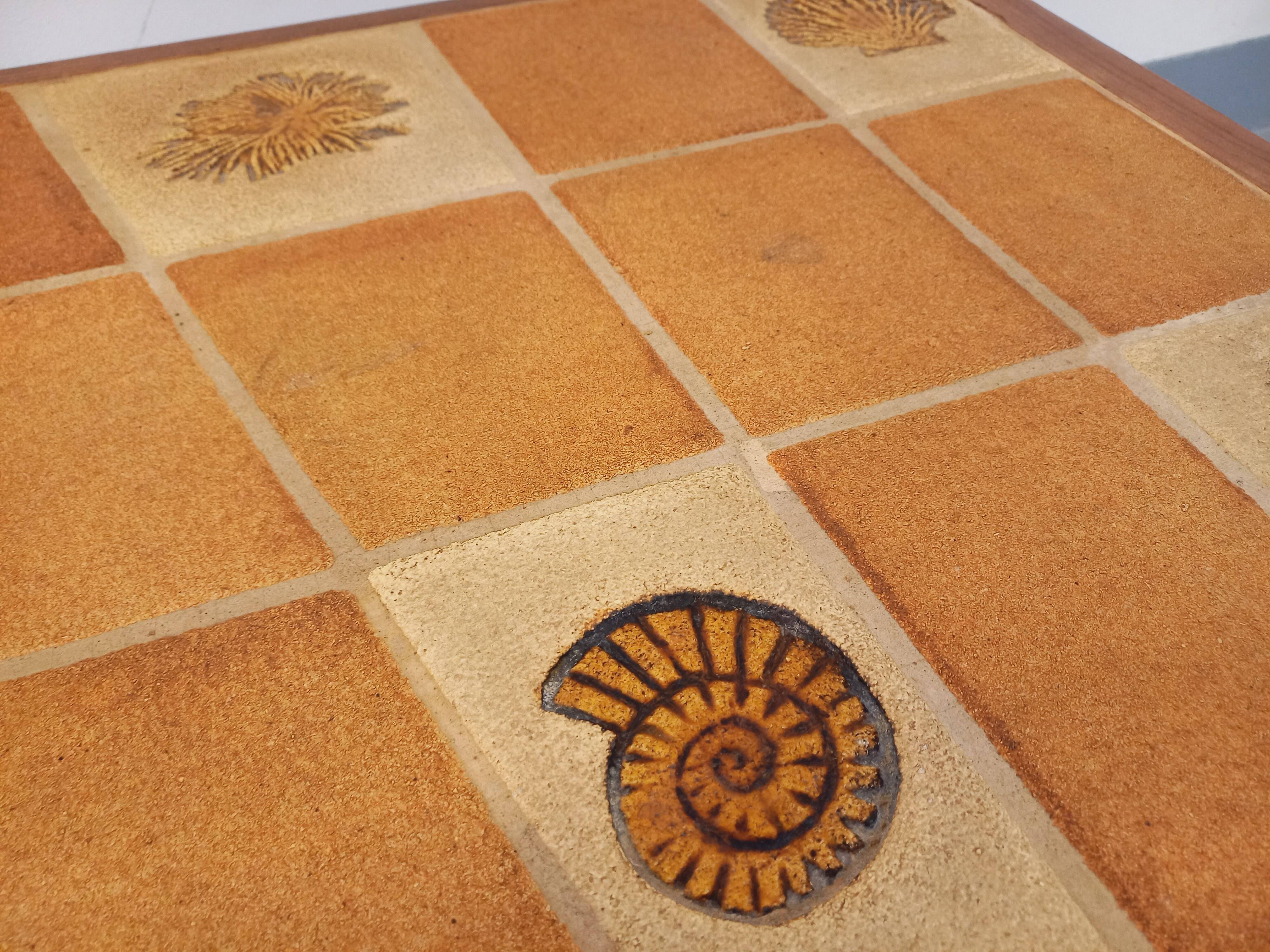 Barrois vintage shell-patterned comma coffee table in wood and ceramic.