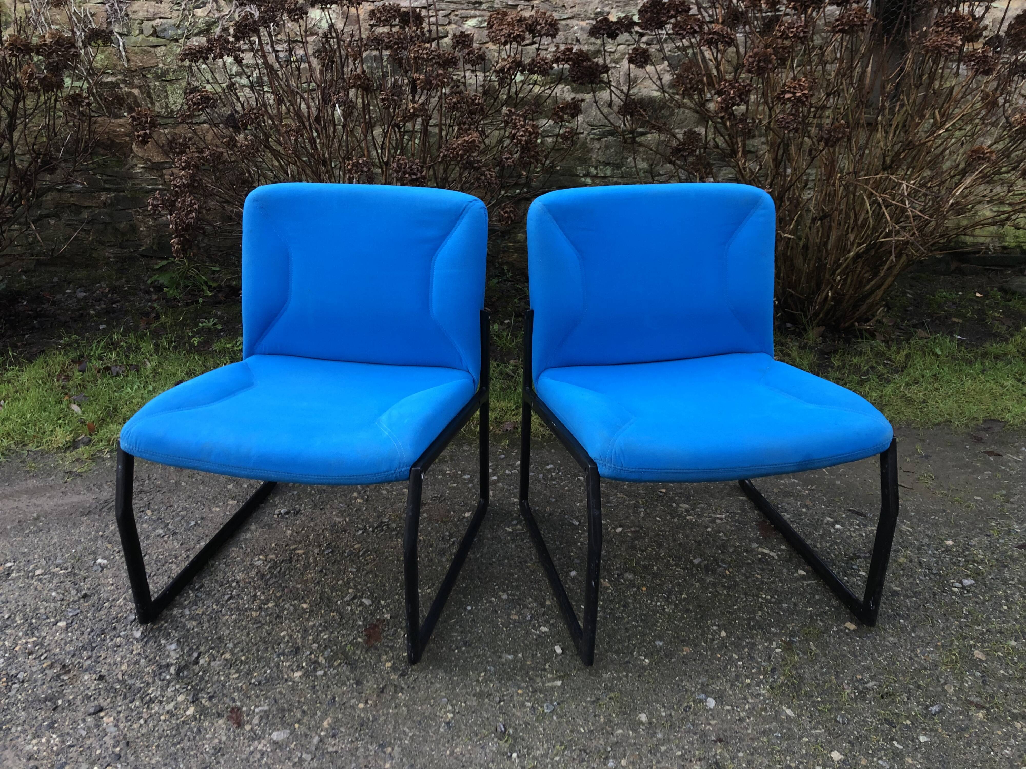 Electric blue fabric designer armchairs with black lacquered metal legs from the 80s.